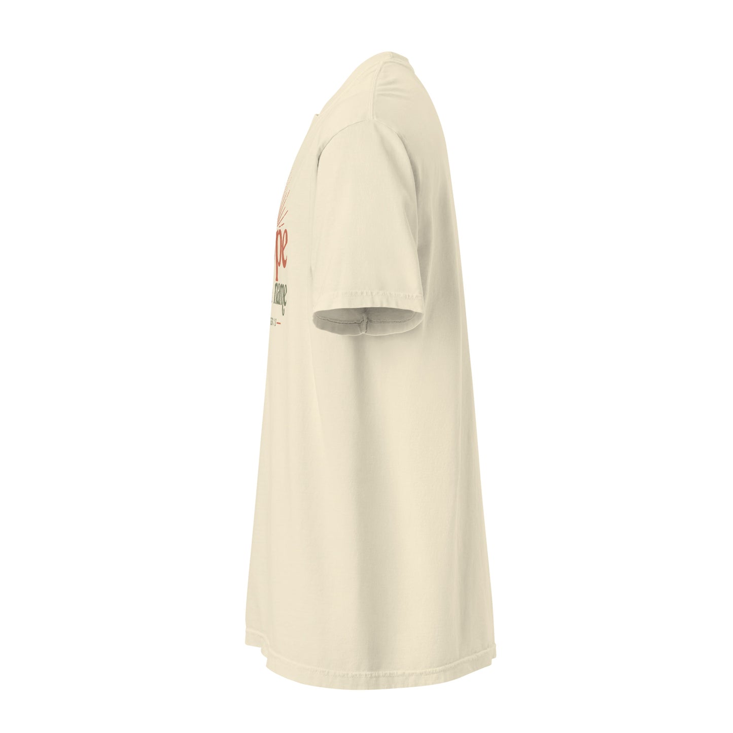 Side view of ivory Hope Has a Name Christian T-shirt showing the relaxed fit and short sleeve