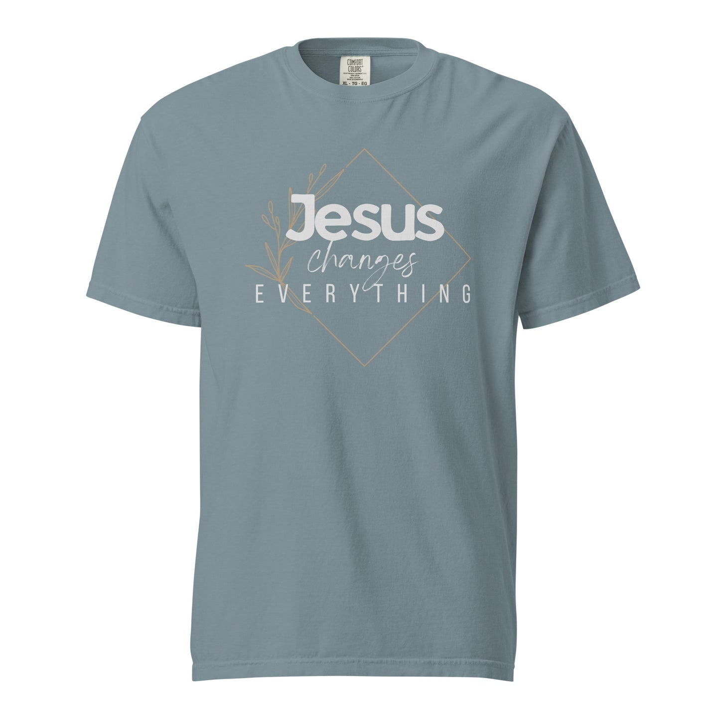 Ice Blue Comfort Colors Jesus Changes Everything women’s Christian tee with white diamond graphic