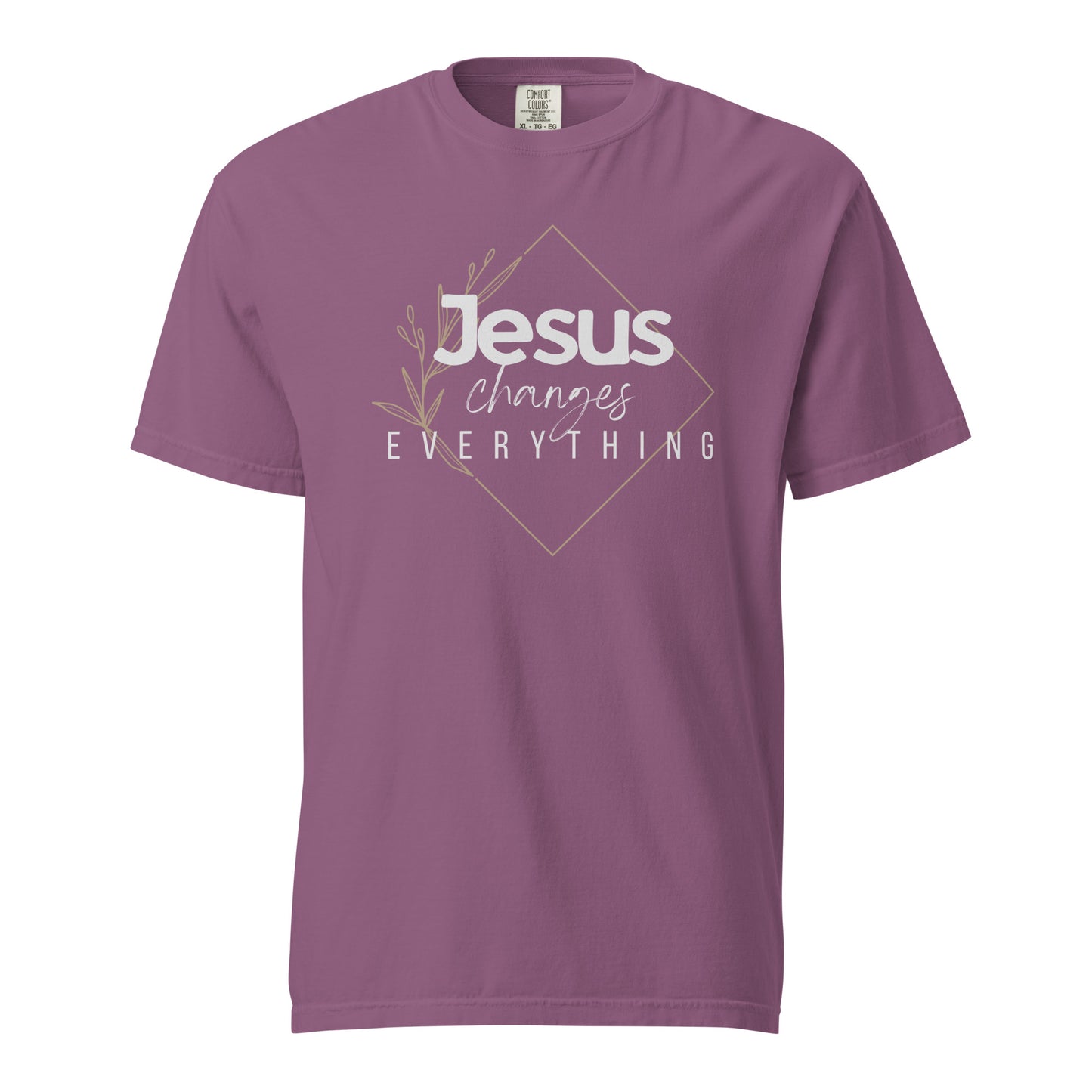 Berry Jesus Changes Everything women’s Christian graphic tee on a white background