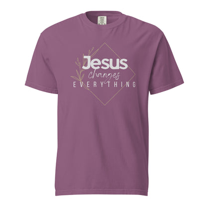 Berry Jesus Changes Everything women’s Christian graphic tee on a white background