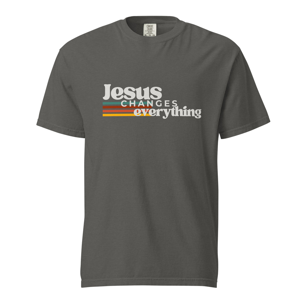 Front view of pepper gray women’s Christian T-shirt with a retro Jesus Changes Everything faith graphic.
