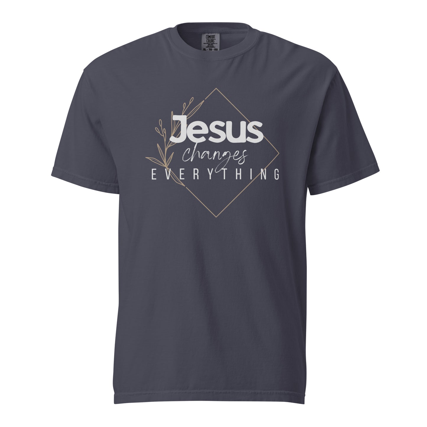 Navy blue t-shirt with 'Jesus Changes Everything' text on a white background