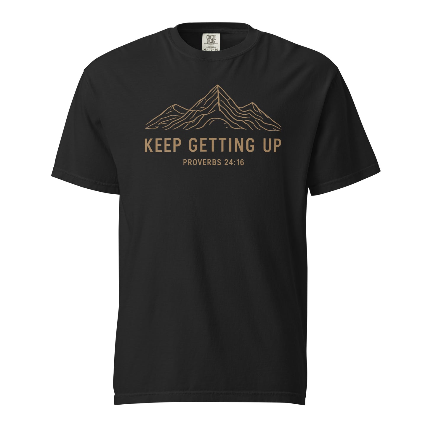 Black Keep Getting Up men’s Christian T-shirt with mountain graphic and Proverbs 24:16