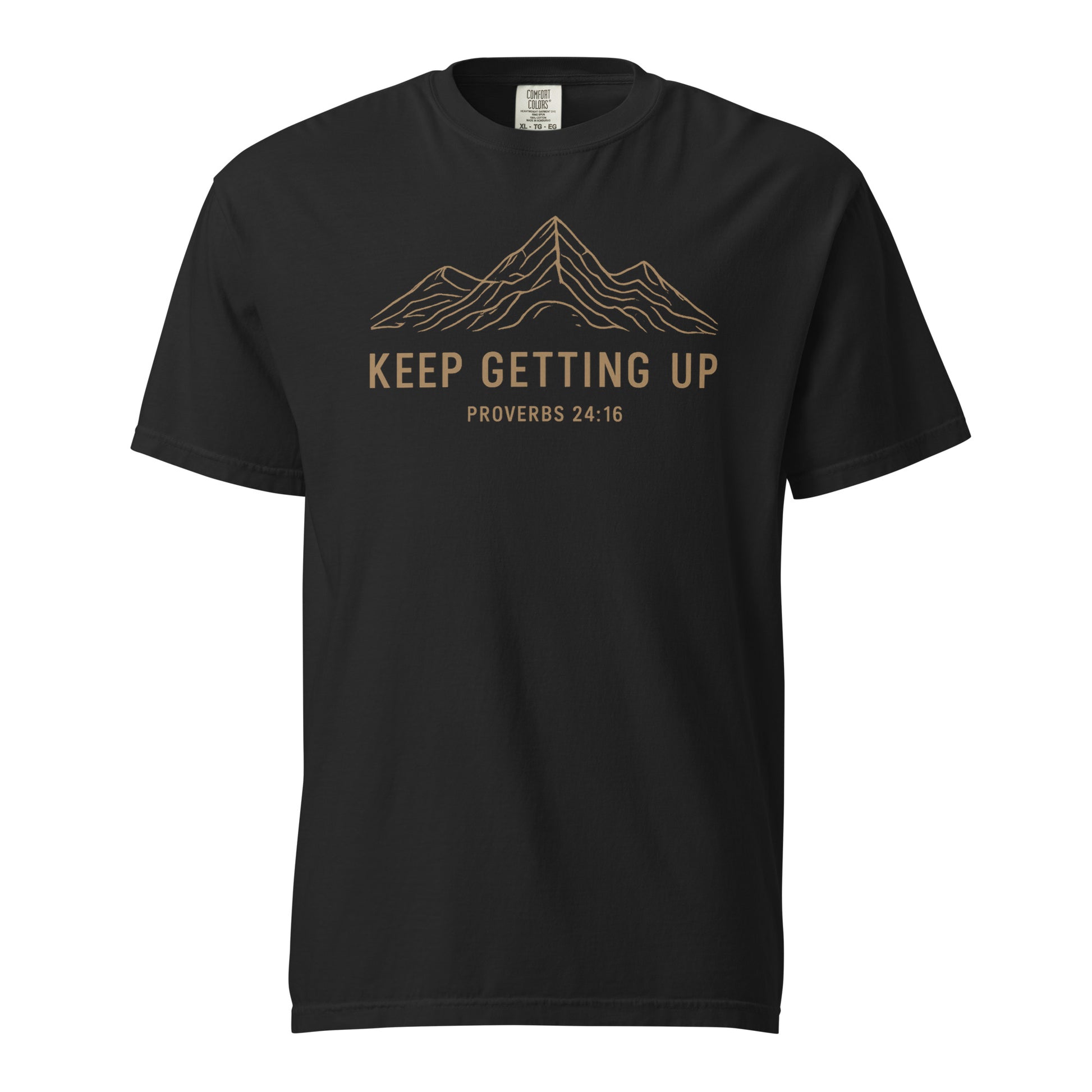 Black Keep Getting Up men’s Christian T-shirt with mountain graphic and Proverbs 24:16