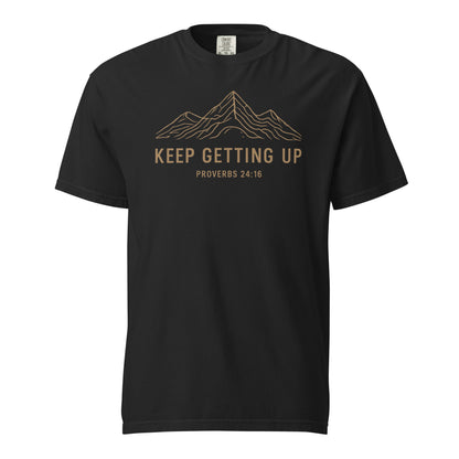 Black Keep Getting Up men’s Christian T-shirt with mountain graphic and Proverbs 24:16