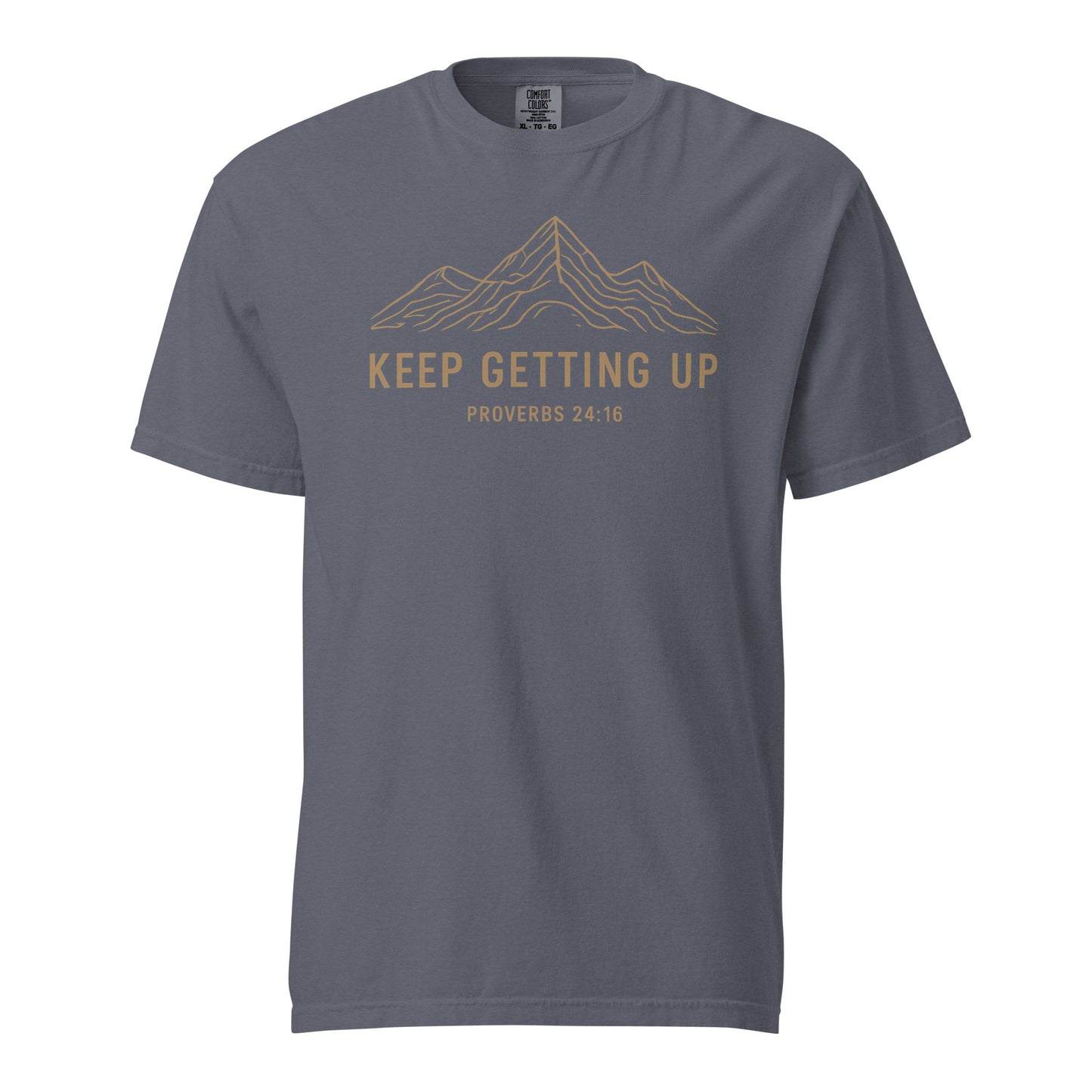 Denim blue Keep Getting Up men’s Christian T-shirt with Proverbs 24:16 mountain graphic