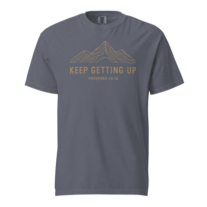 Denim blue Keep Getting Up men’s Christian T-shirt with Proverbs 24:16 mountain graphic