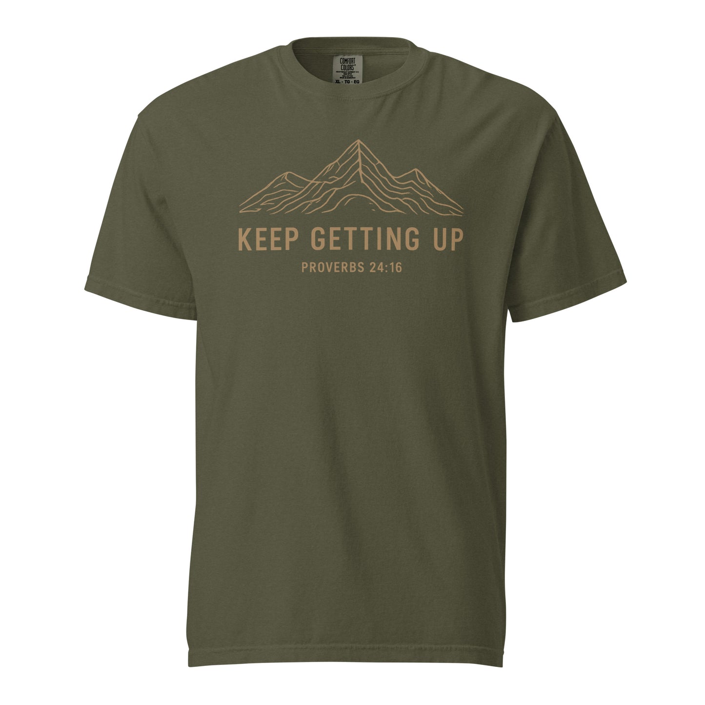 Sage green men’s Christian T-shirt with Keep Getting Up mountain design and Proverbs 24:16