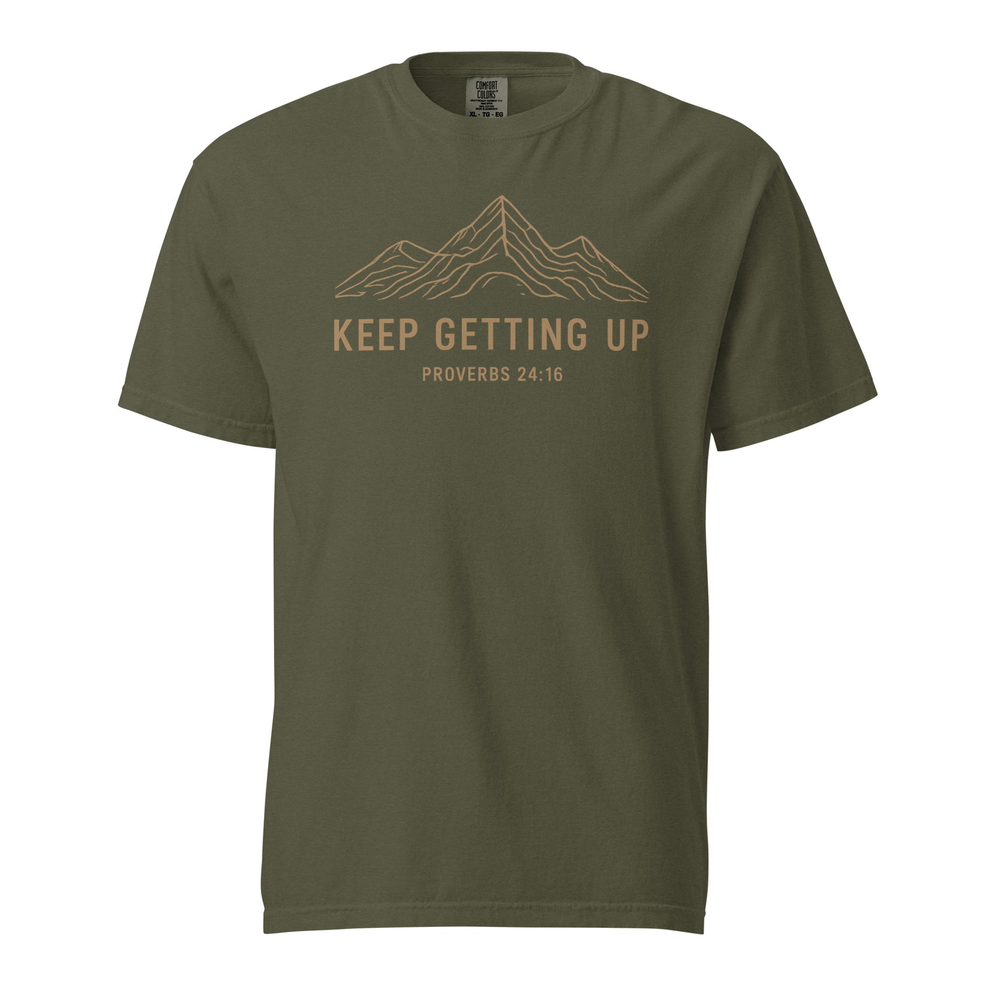 Sage green men’s Christian T-shirt with Keep Getting Up mountain design and Proverbs 24:16