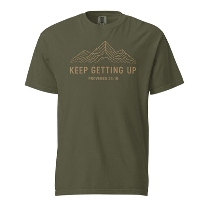 Sage green men’s Christian T-shirt with Keep Getting Up mountain design and Proverbs 24:16