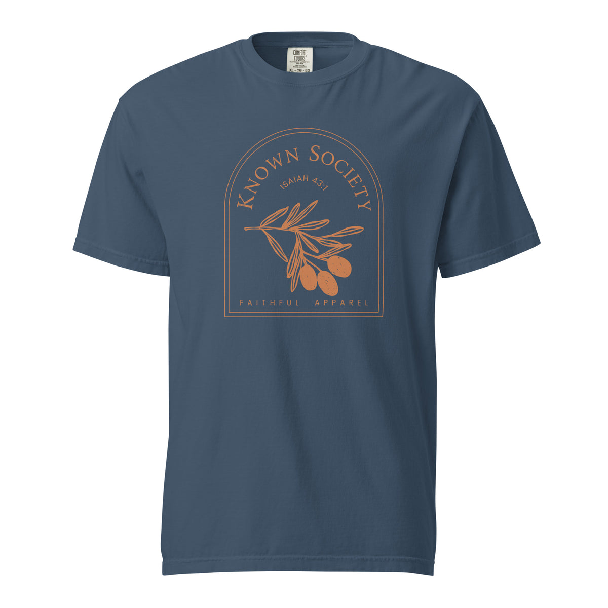 Midnight blue Known Society women’s Christian T-shirt featuring an Isaiah 43:1 olive branch graphic.