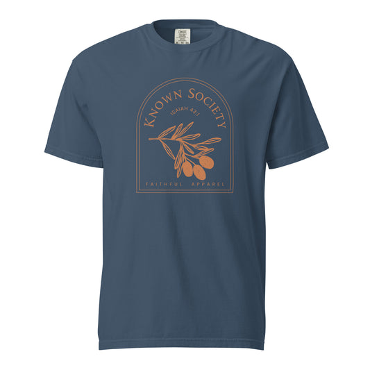 Midnight blue Known Society women’s Christian T-shirt featuring an Isaiah 43:1 olive branch graphic.