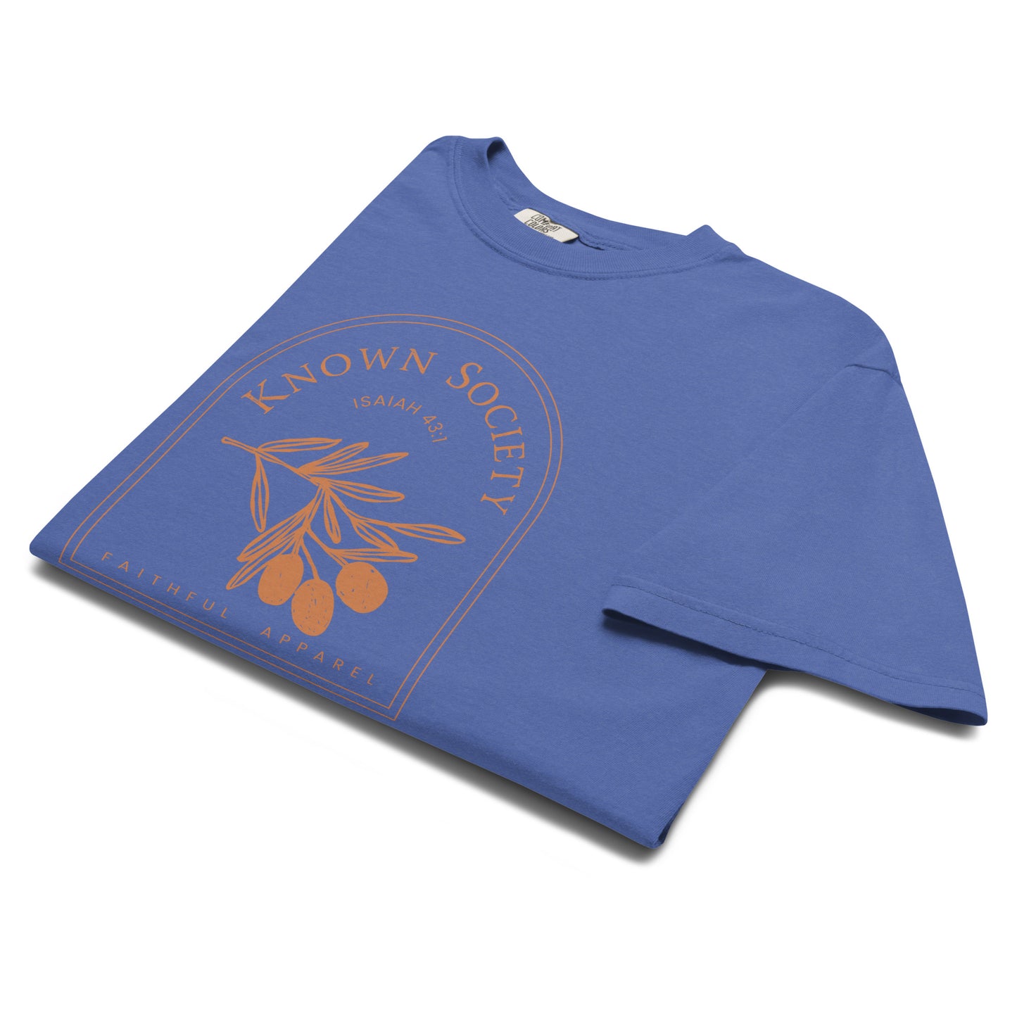 Angled close-up of the Mystic Blue Known Society Christian T-shirt with an Isaiah 43:1 graphic.