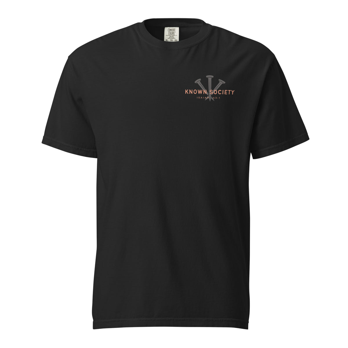 Front view of the black Known Society men’s Christian T-shirt with three-nail chest graphic and Isaiah 43:1.