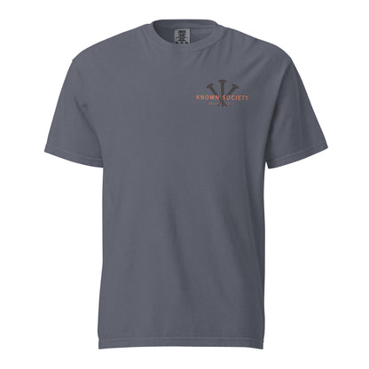 Front view of the denim blue Known Society men’s Christian T-shirt with three-nail chest design and Isaiah 43:1.