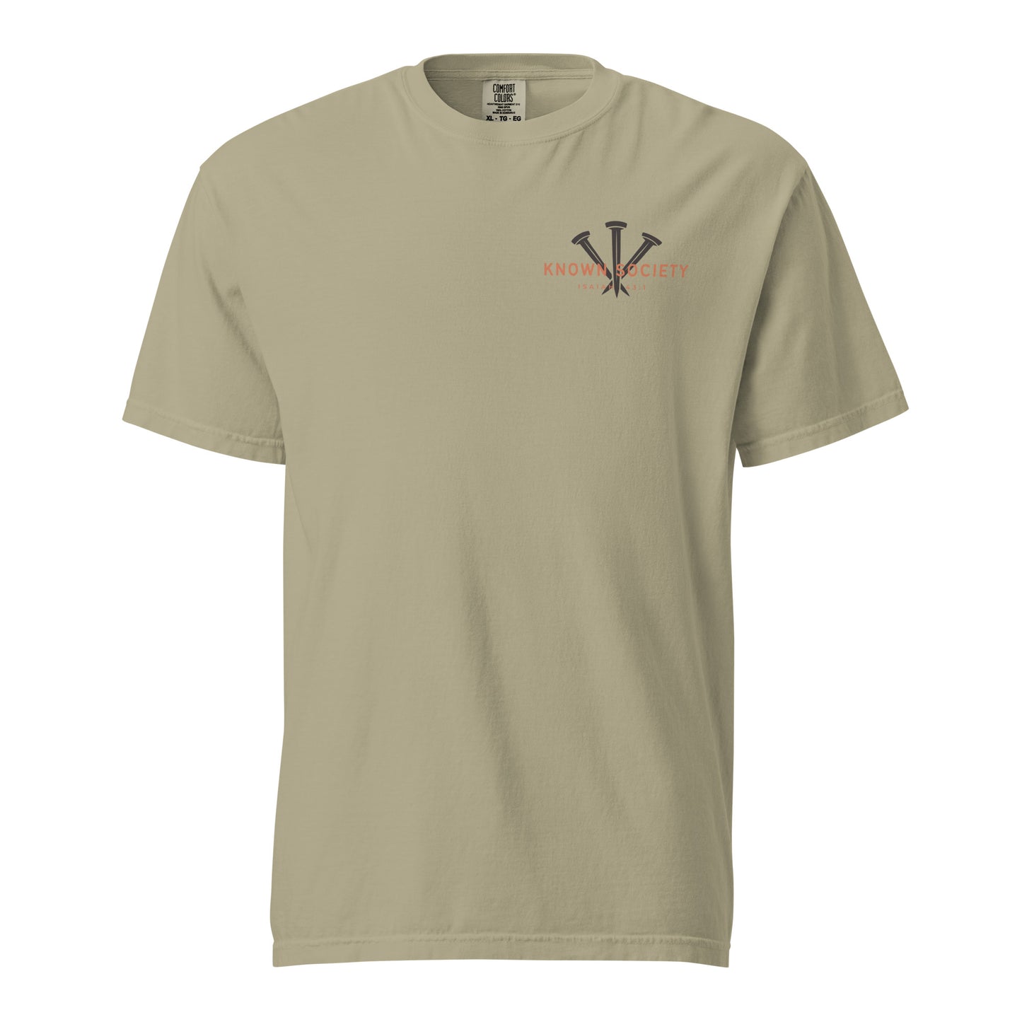 Front view of the khaki Known Society men’s Christian T-shirt featuring a three-nail logo and Isaiah 43:1.