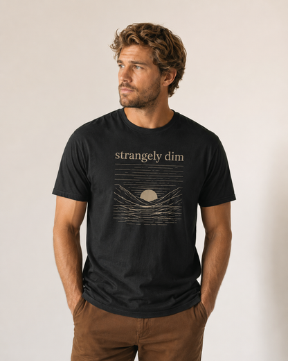 Male model wearing a black Strangely Dim Christian T-shirt featuring a neutral mountain and sunset graphic on the front.