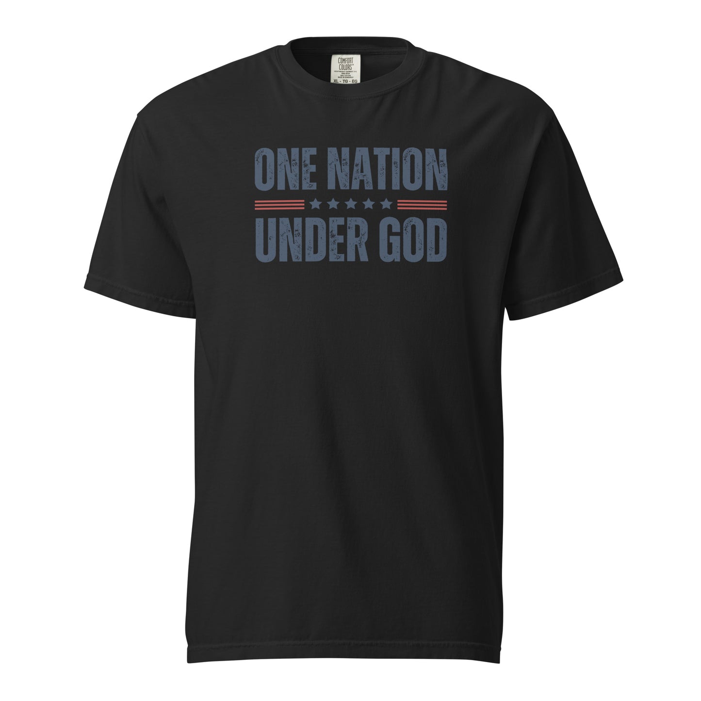 Front view of black One Nation Under God men’s patriotic T-shirt with distressed dark lettering, stars, and muted red stripes.
