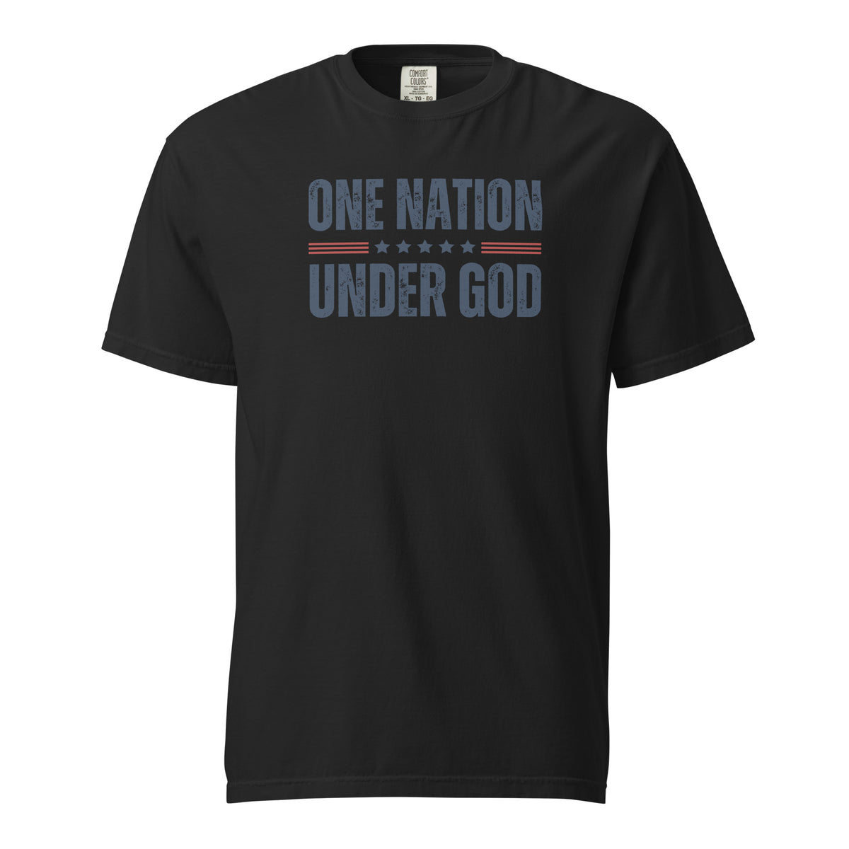 Front view of black One Nation Under God men’s patriotic T-shirt with distressed dark lettering, stars, and muted red stripes.