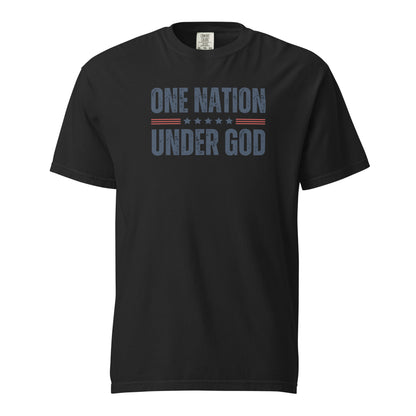 Front view of black One Nation Under God men’s patriotic T-shirt with distressed dark lettering, stars, and muted red stripes.
