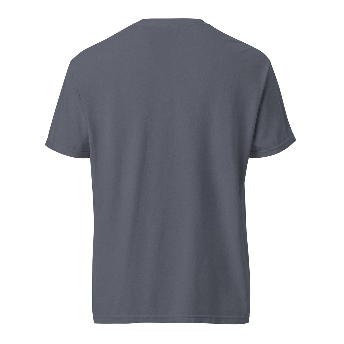 Back view of the plain denim garment-dyed men’s T-shirt.