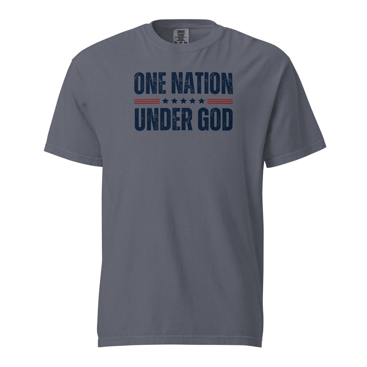 Front view of denim One Nation Under God men’s patriotic T-shirt with distressed navy lettering, red stripes, and stars.