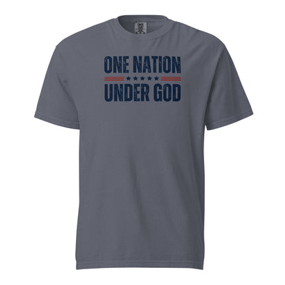 Front view of denim One Nation Under God men’s patriotic T-shirt with distressed navy lettering, red stripes, and stars.