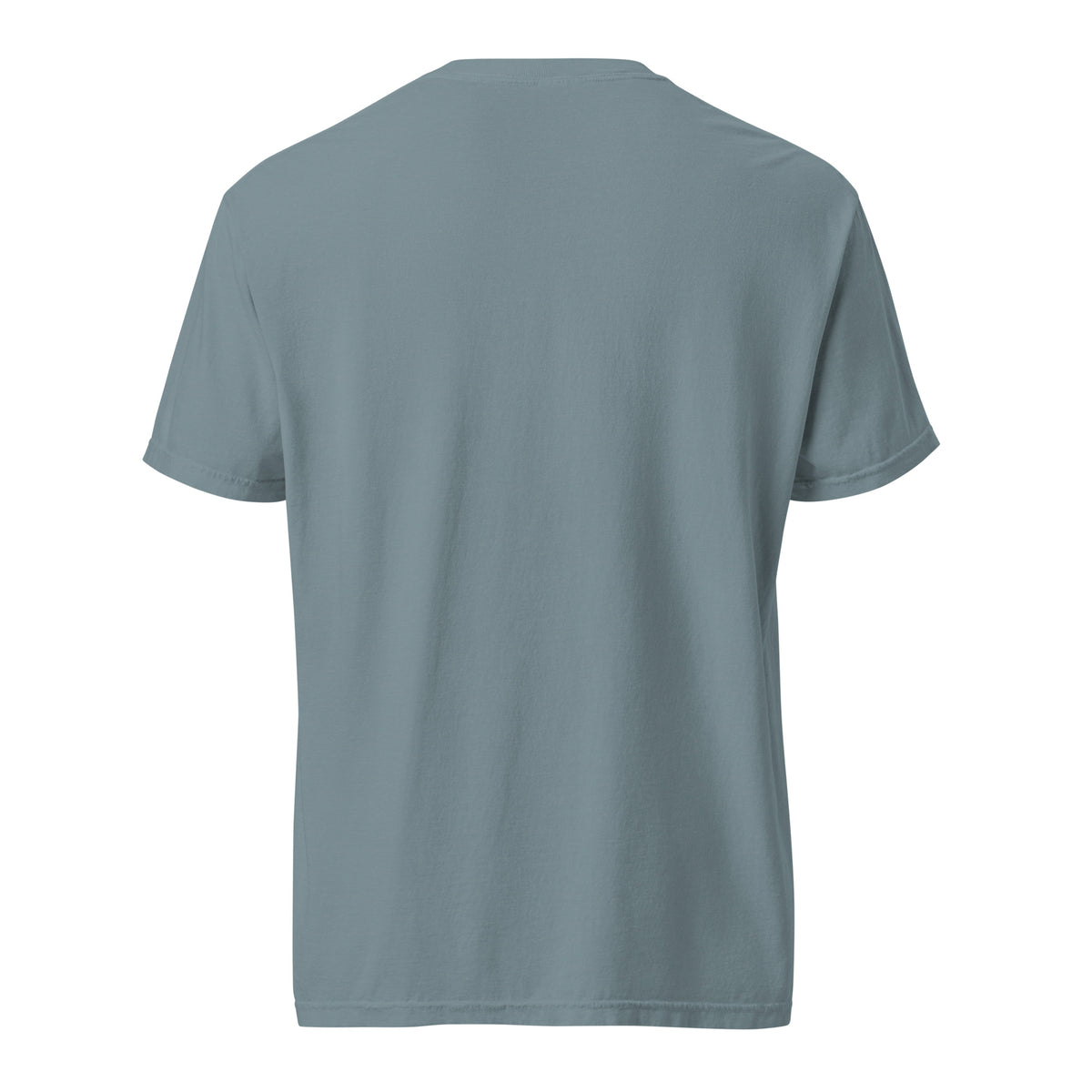 Back view of the plain ice blue garment-dyed men’s T-shirt.
