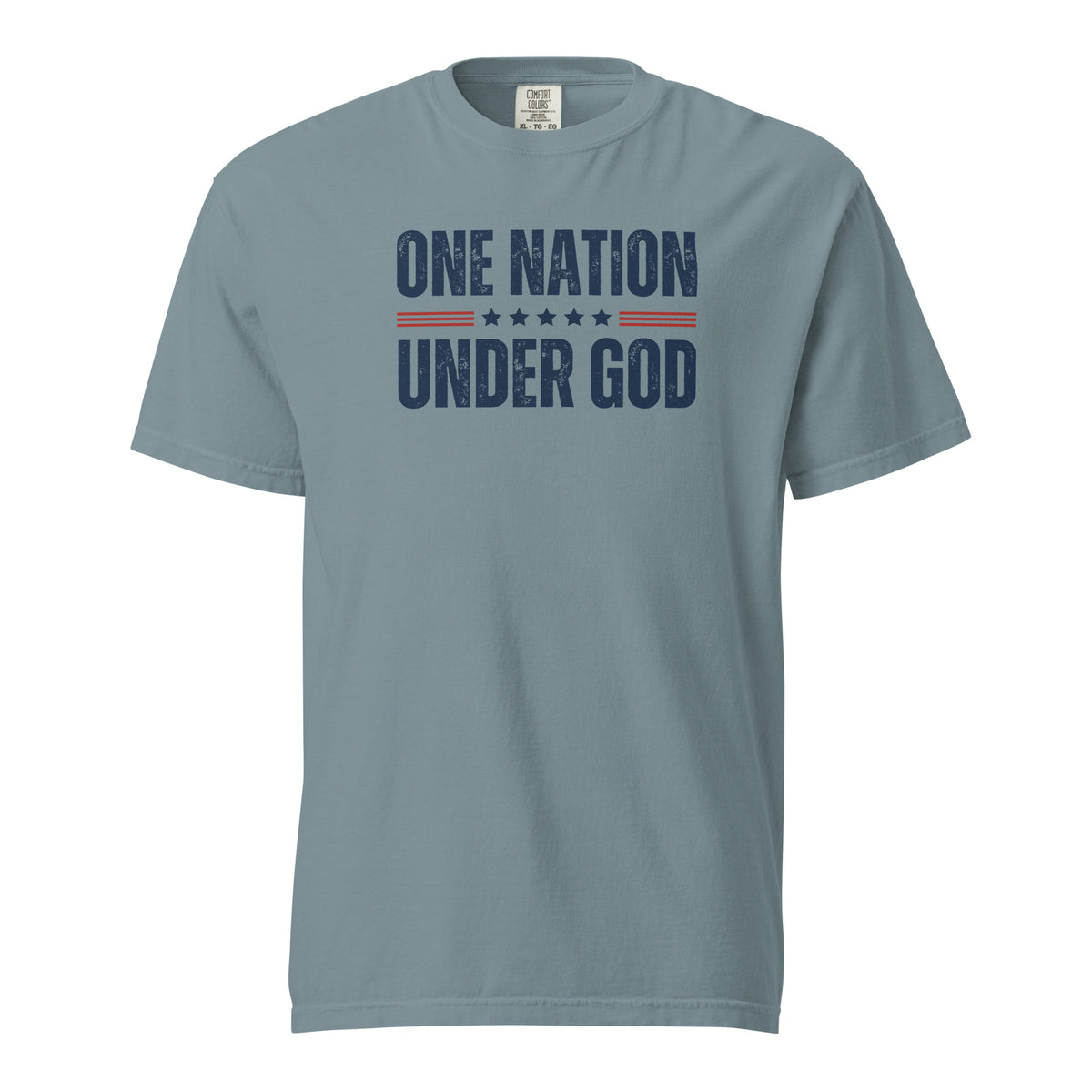 Front view of ice blue One Nation Under God men’s patriotic T-shirt with distressed navy lettering, red stripes, and stars.