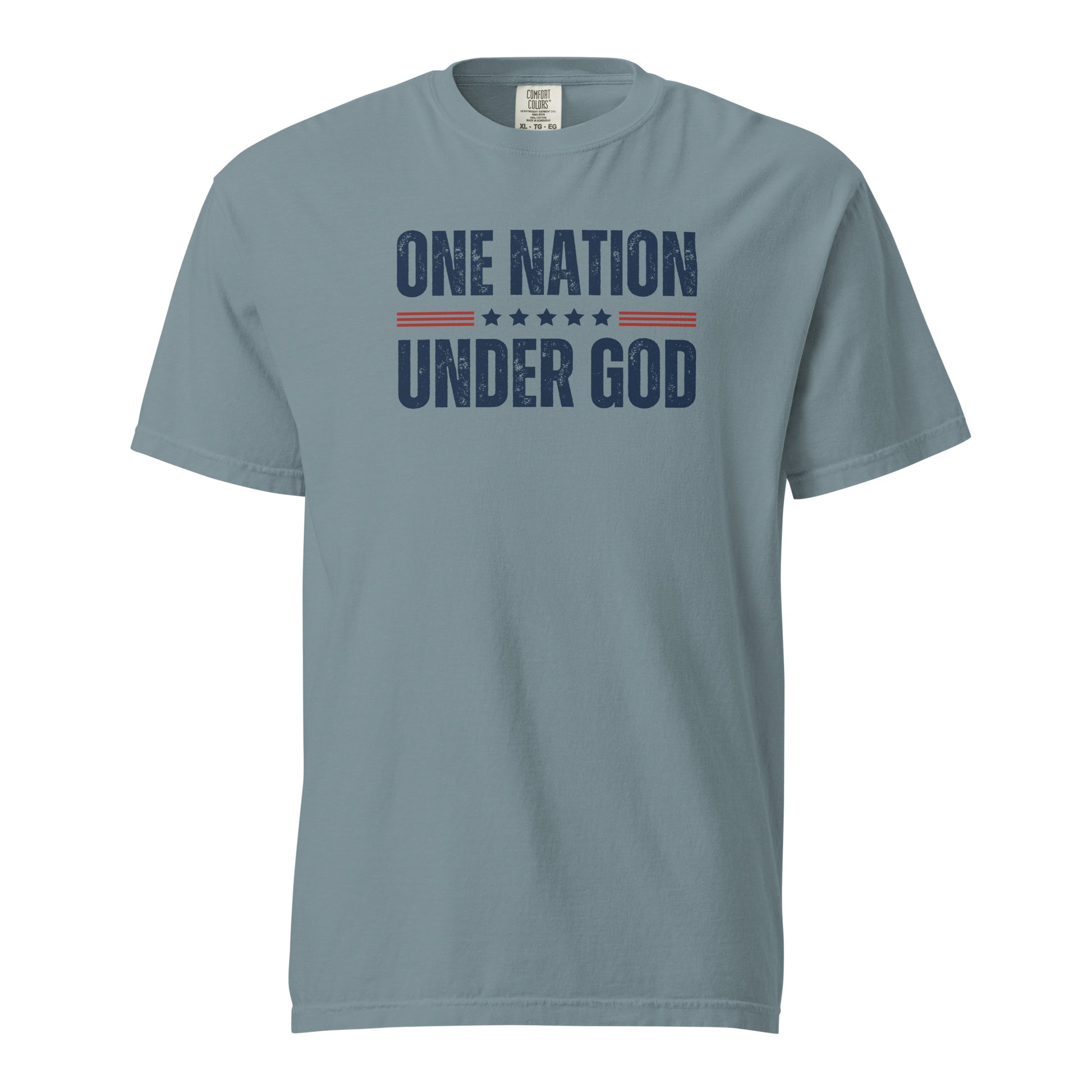 Front view of ice blue One Nation Under God men’s patriotic T-shirt with distressed navy lettering, red stripes, and stars.