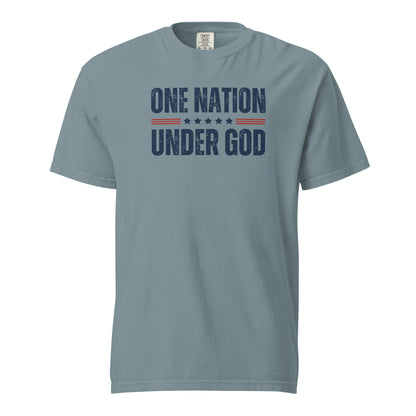 Front view of ice blue One Nation Under God men’s patriotic T-shirt with distressed navy lettering, red stripes, and stars.