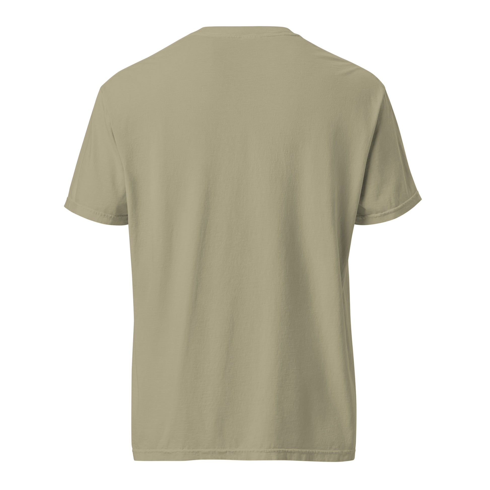 Back view of the plain khaki garment-dyed men’s T-shirt.