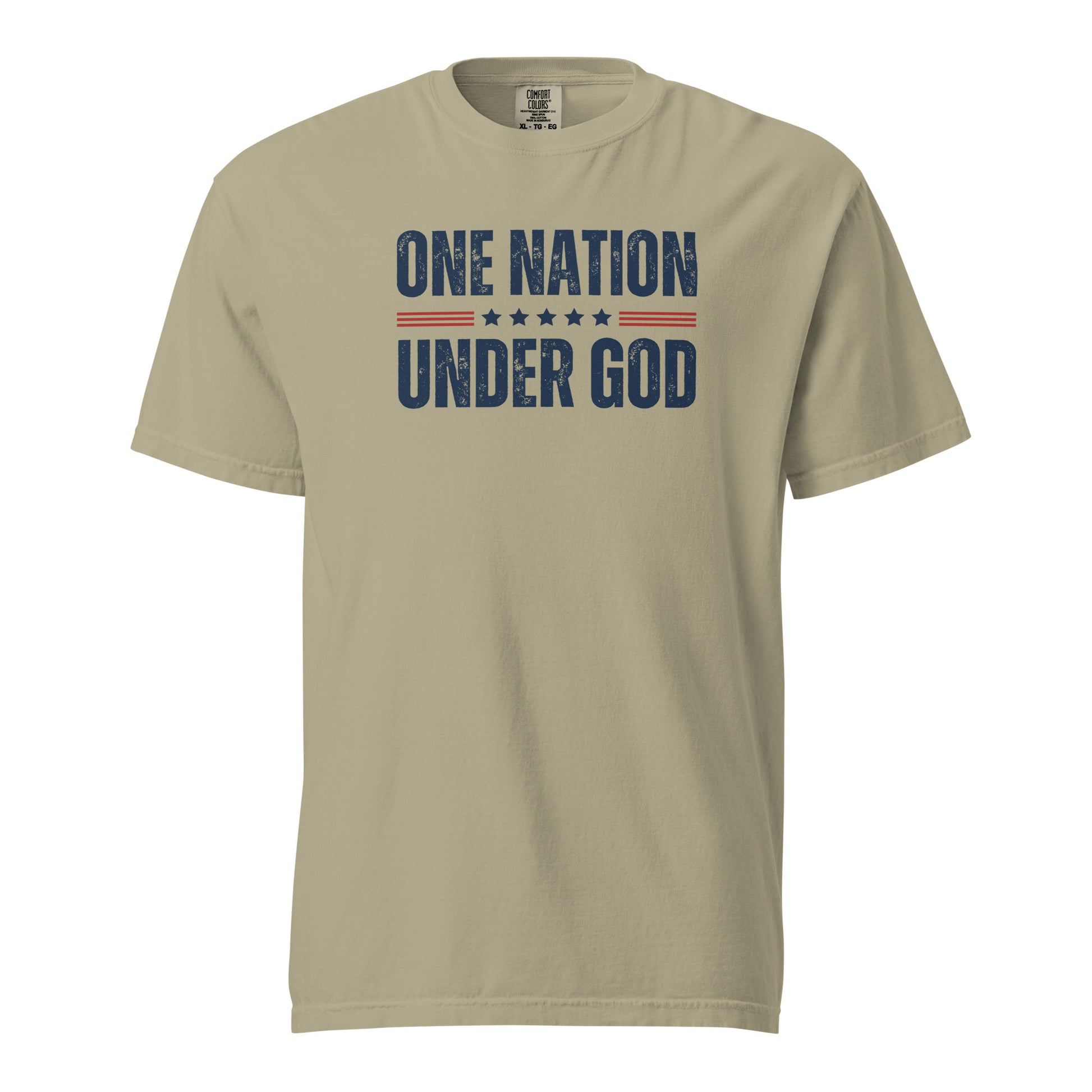Front view of khaki One Nation Under God men’s patriotic T-shirt with distressed navy lettering, red stripes, and stars.
