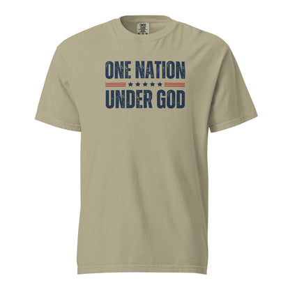 Front view of khaki One Nation Under God men’s patriotic T-shirt with distressed navy lettering, red stripes, and stars.