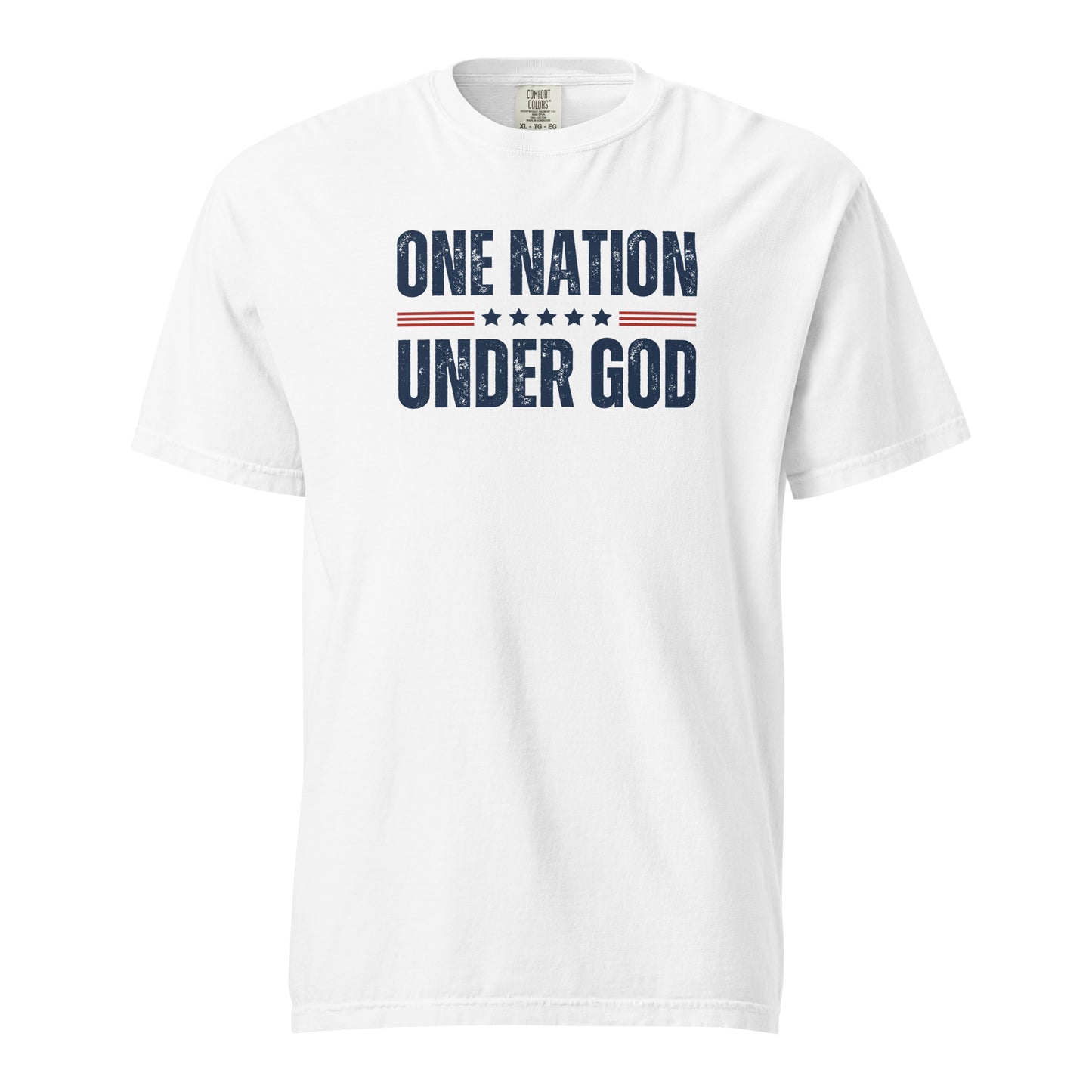 Front view of white One Nation Under God men’s patriotic T-shirt with distressed navy lettering, red stripes, and stars.