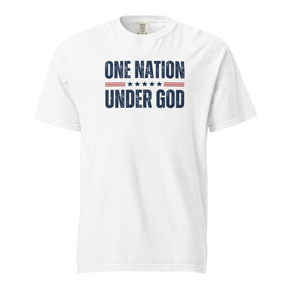 Front view of white One Nation Under God men’s patriotic T-shirt with distressed navy lettering, red stripes, and stars.