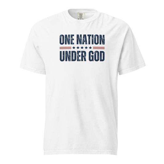 Front view of white One Nation Under God men’s patriotic T-shirt with distressed navy lettering, red stripes, and stars.