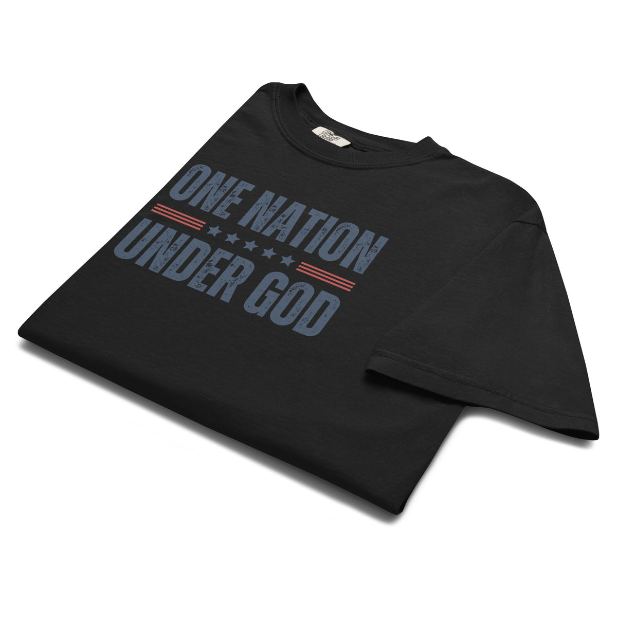 Angled close-up of the black One Nation Under God men’s Christian T-shirt showing the distressed patriotic graphic.