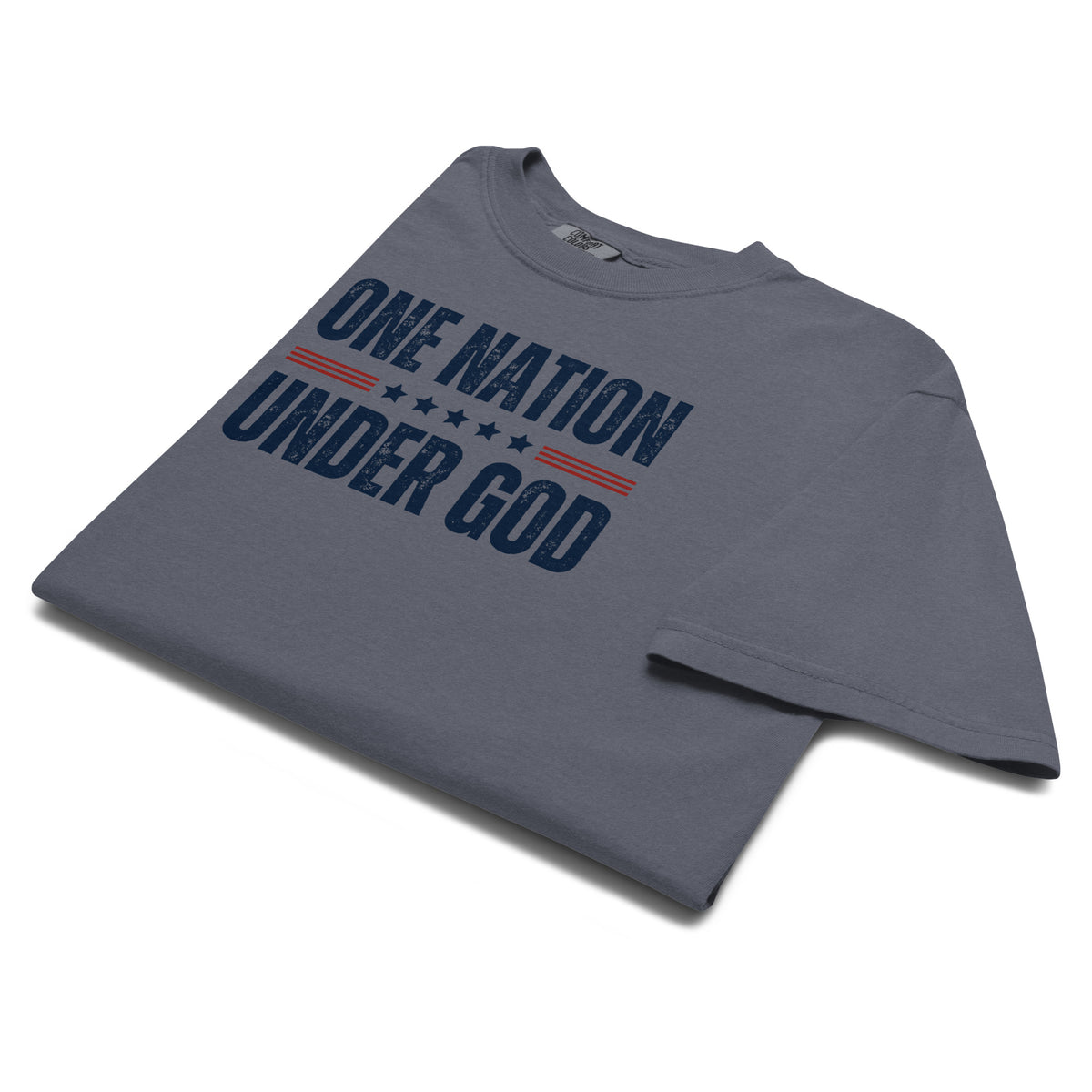 Angled close-up of the denim One Nation Under God men’s Christian T-shirt showing the distressed patriotic chest graphic.