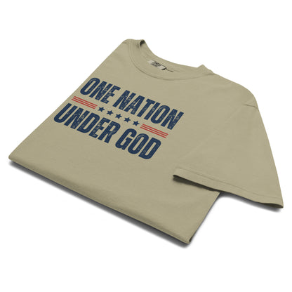 Angled close-up of the khaki One Nation Under God men’s Christian T-shirt showing the distressed navy and red graphic.
