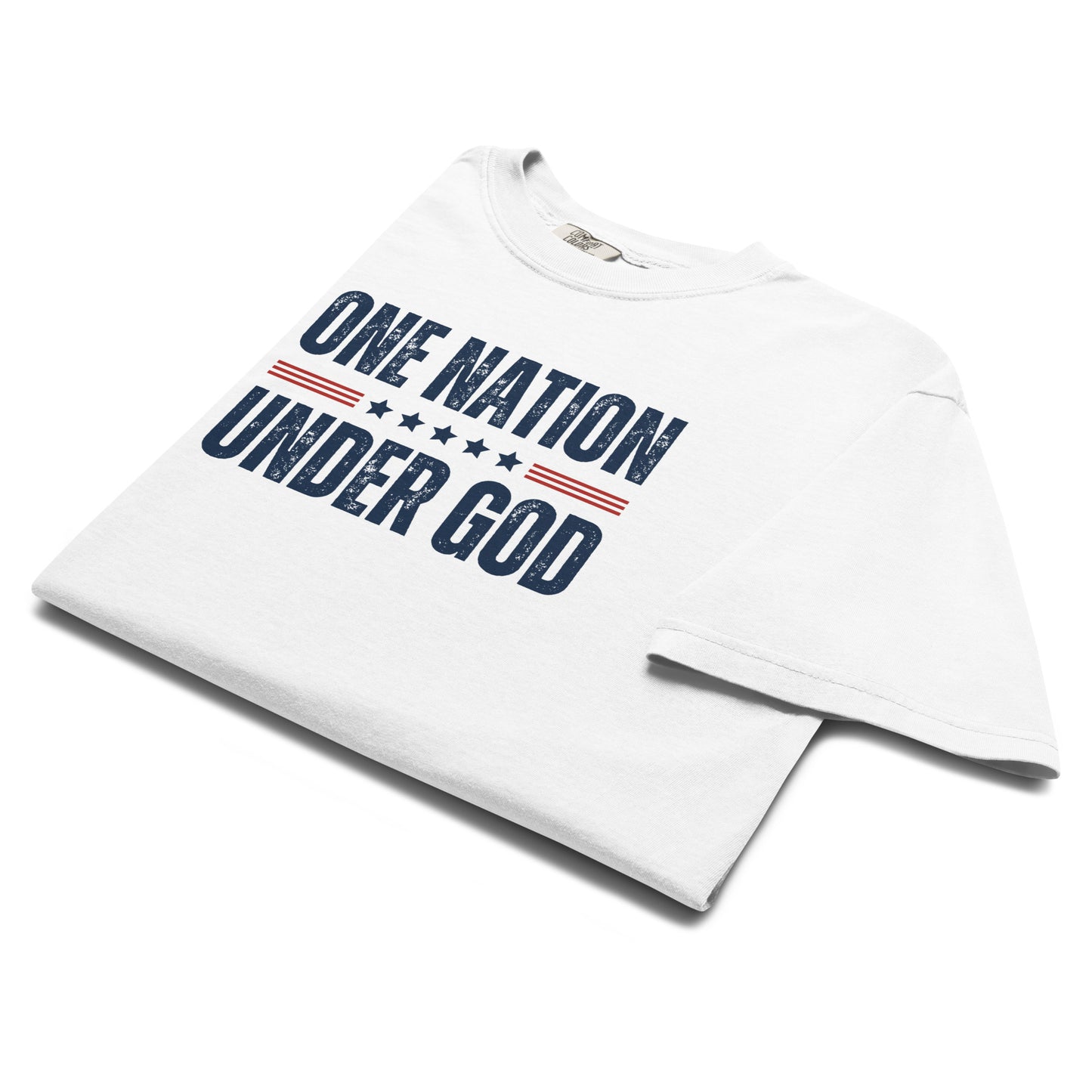Angled close-up of the white One Nation Under God men’s Christian T-shirt showing the distressed navy and red chest graphic.