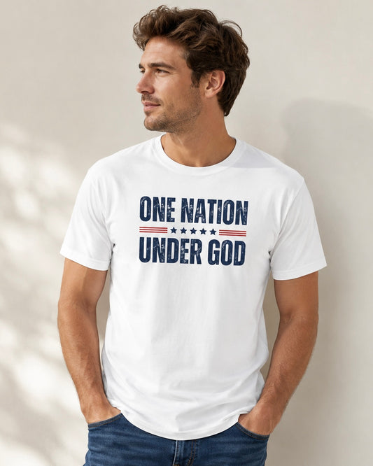 Man wearing a white One Nation Under God men’s patriotic Christian T-shirt with a navy and red graphic.
