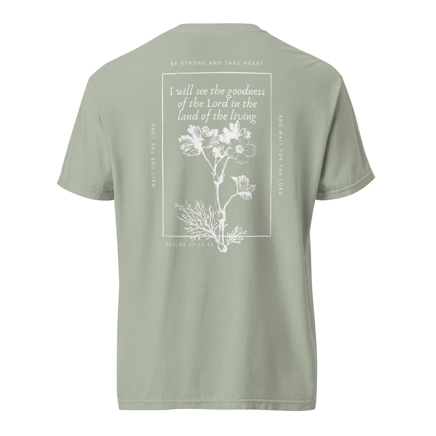 Back of the Bay Psalm 27 women’s Christian tee featuring a white floral scripture design.