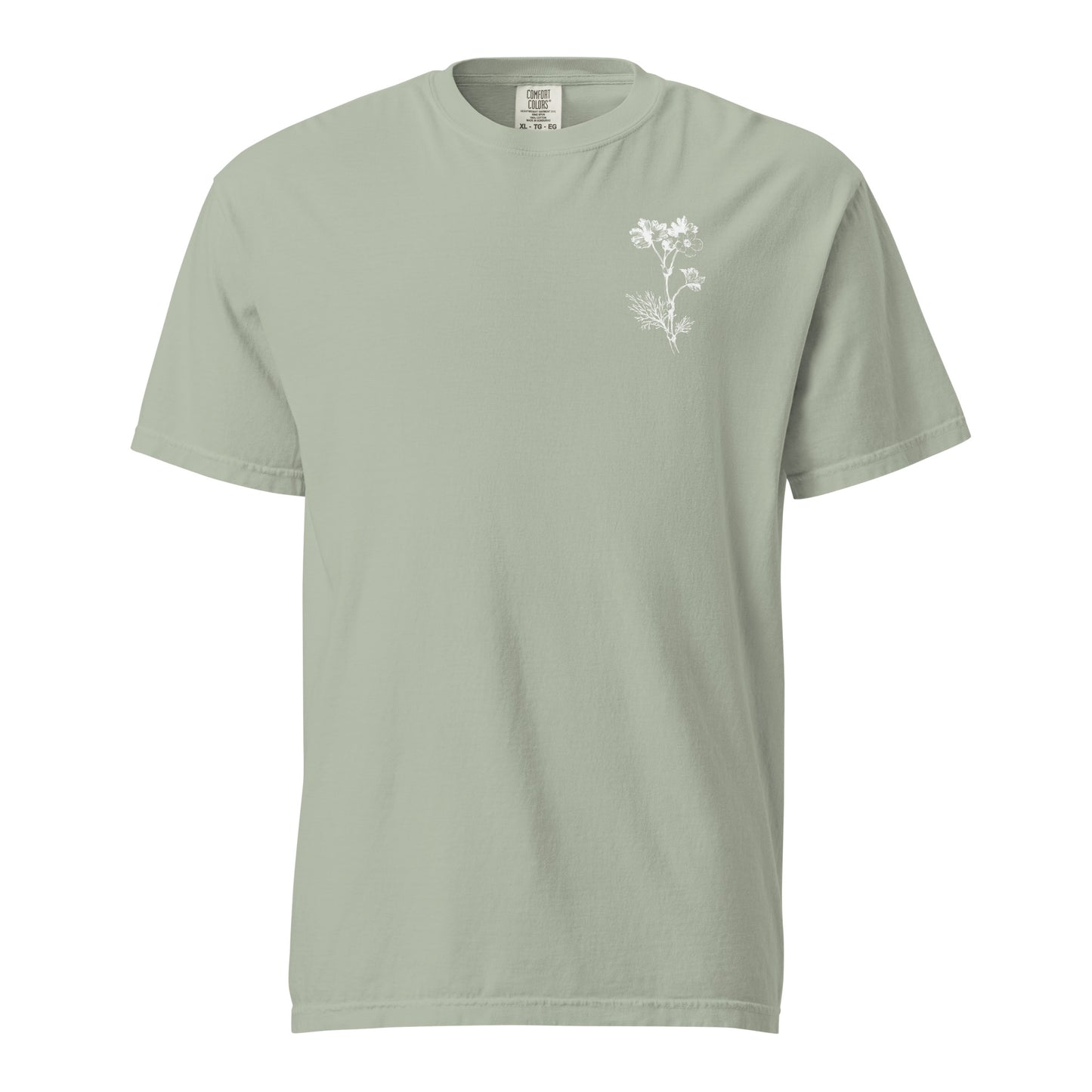 Front of the Bay Psalm 27 women’s tee with a delicate white flower design on the chest.