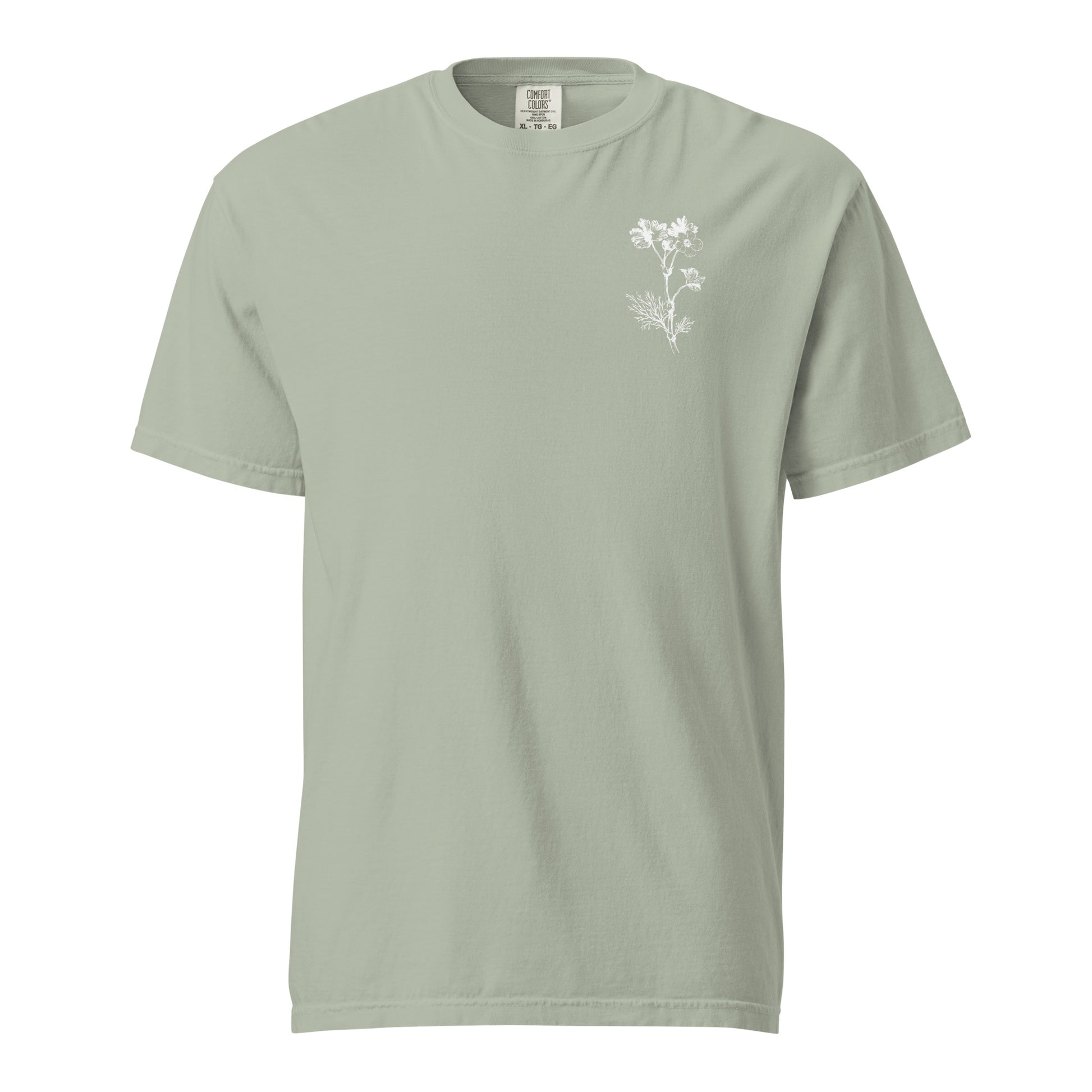 Front of the Bay Psalm 27 women’s tee with a delicate white flower design on the chest.