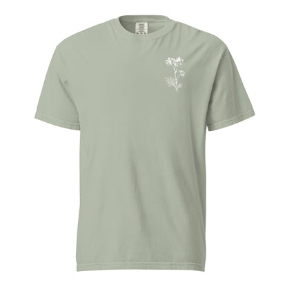 Front of the Bay Psalm 27 women’s tee with a delicate white flower design on the chest.