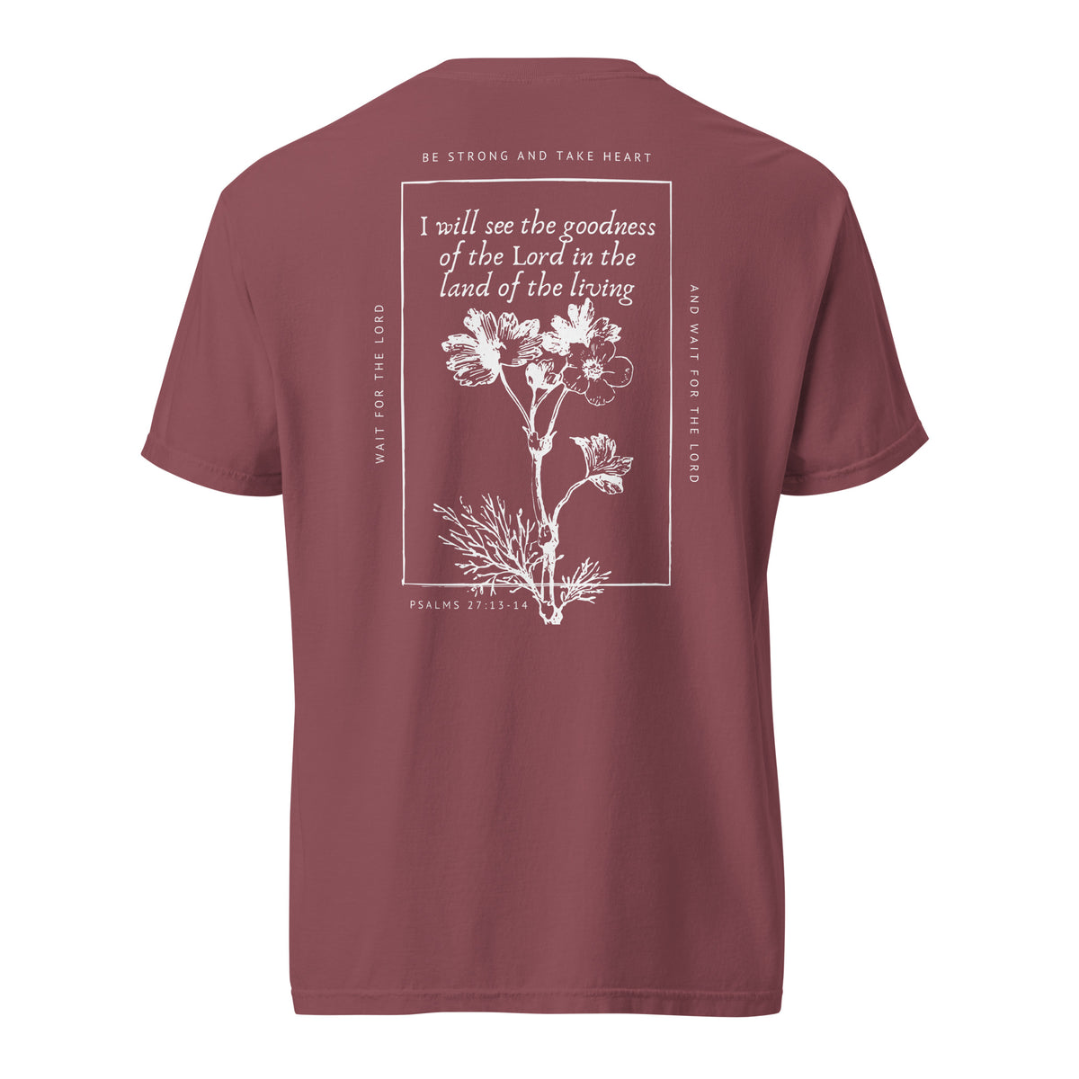Back of the Brick Psalm 27 women’s scripture tee featuring a white floral design and Psalm 27:13–14.