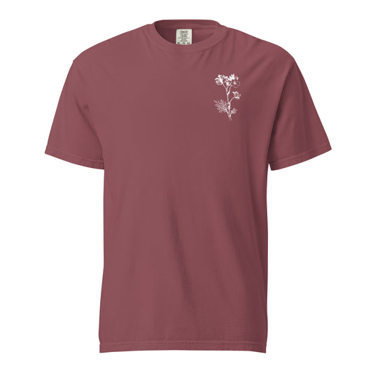 Front of the Brick Psalm 27 women’s tee with a small white floral design on the chest.
