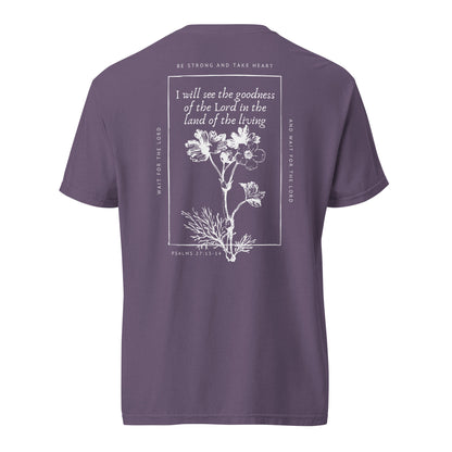 Back of the Grape Psalm 27 women’s scripture tee with white botanical artwork and Psalm 27:13–14.