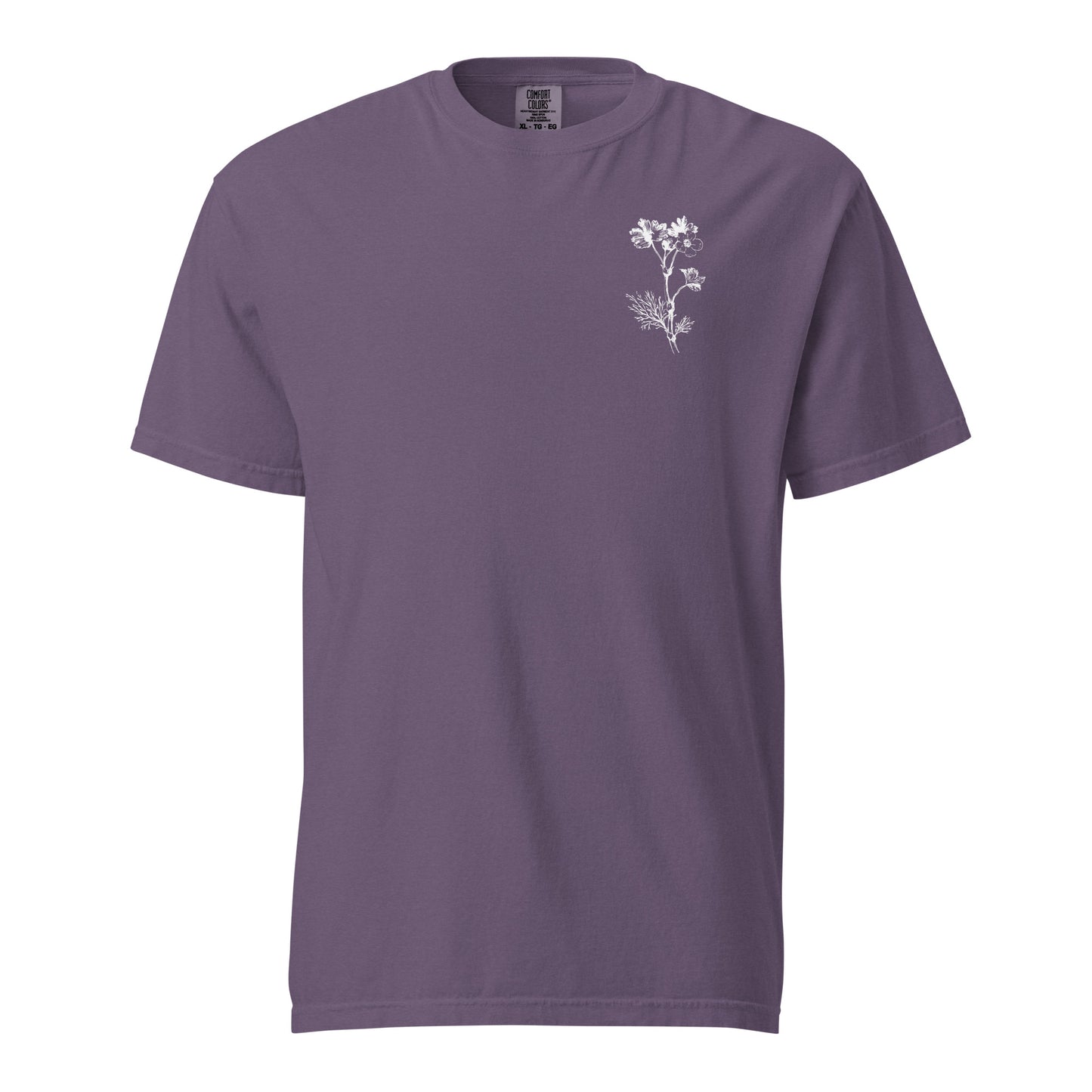 Front of the Grape Psalm 27 women’s tee featuring a small white floral chest graphic.